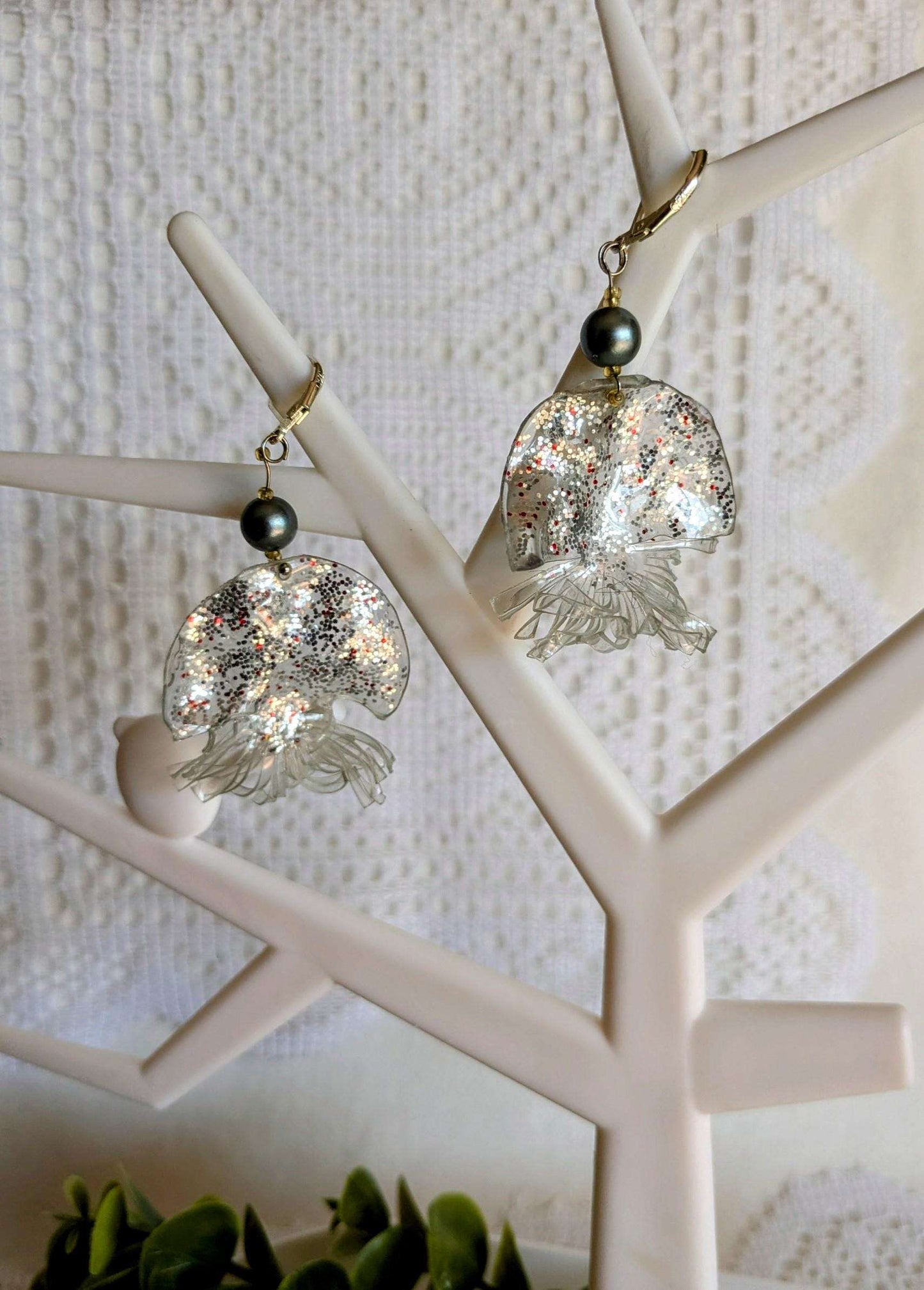 Boucles méduses bleues vert plastique dormeuse argent 925 upcycling