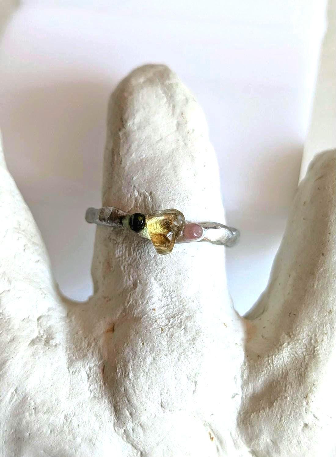 Bague contemporaine citrine tourmaline T62 étain massif