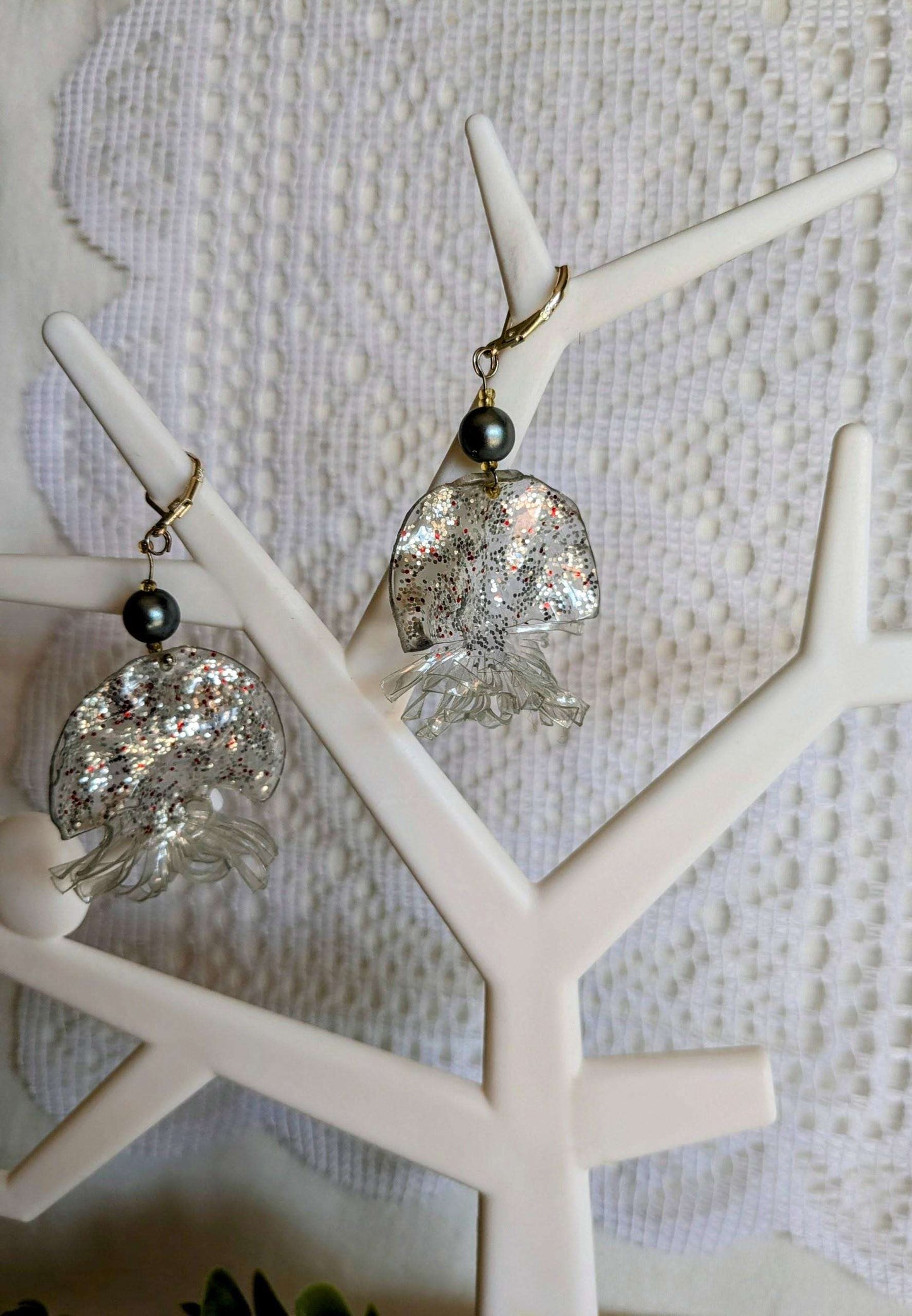 Boucles méduses bleues vert plastique dormeuse argent 925 upcycling