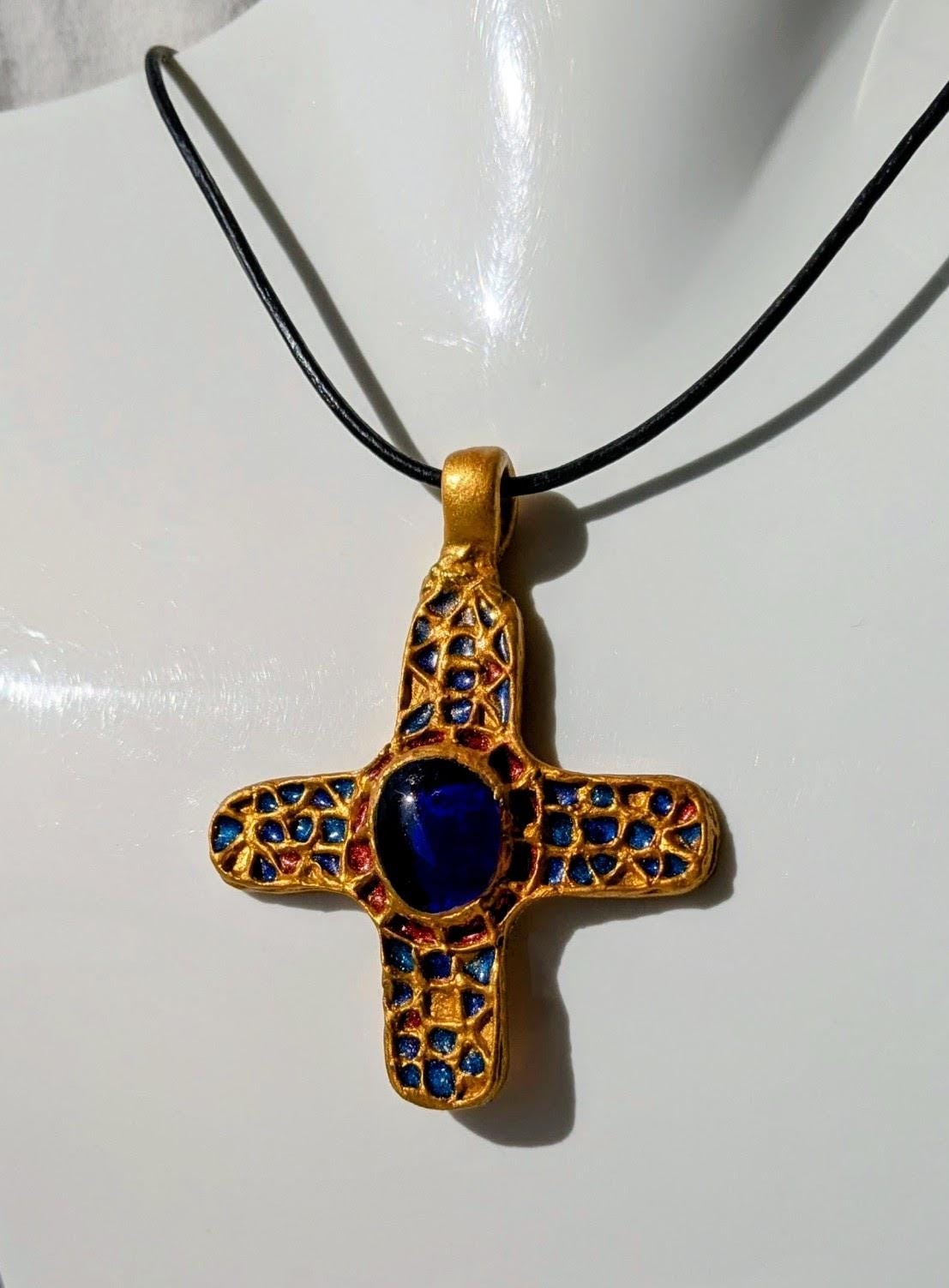 Pendentif ancienne croix byzantine or et bleu