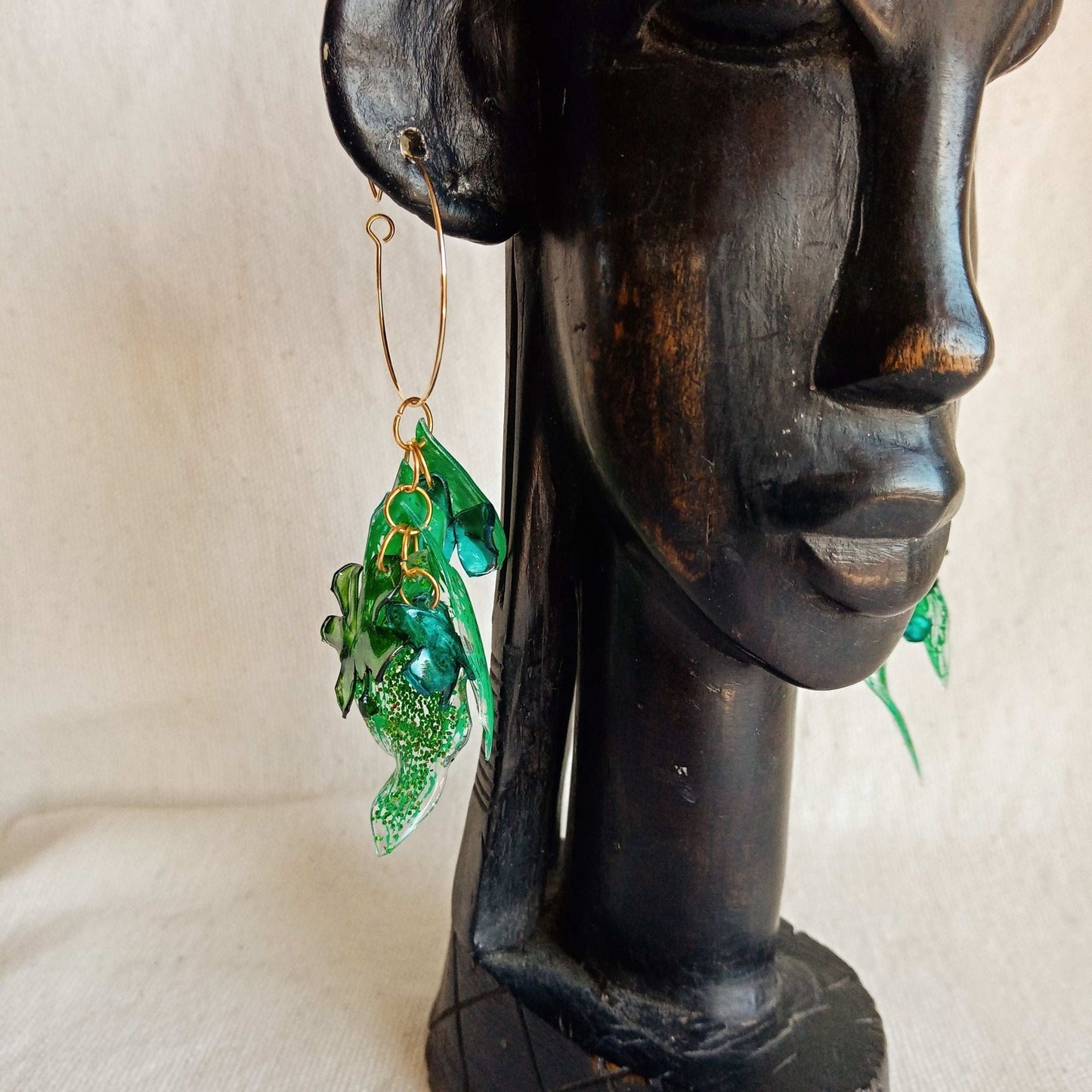 Créoles pendantes vertes et bleu turquoise, upcycling
