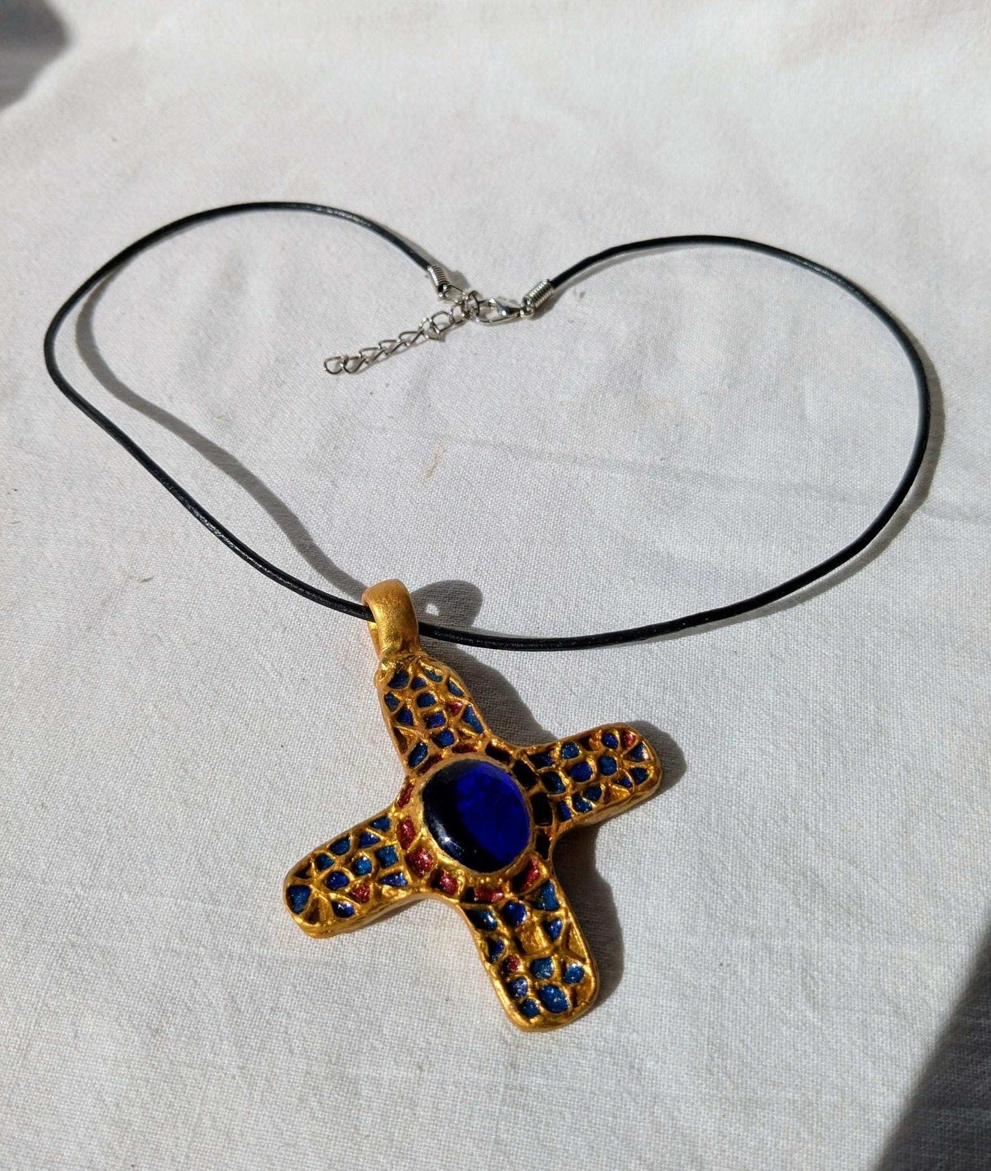 Pendentif ancienne croix byzantine or et bleu