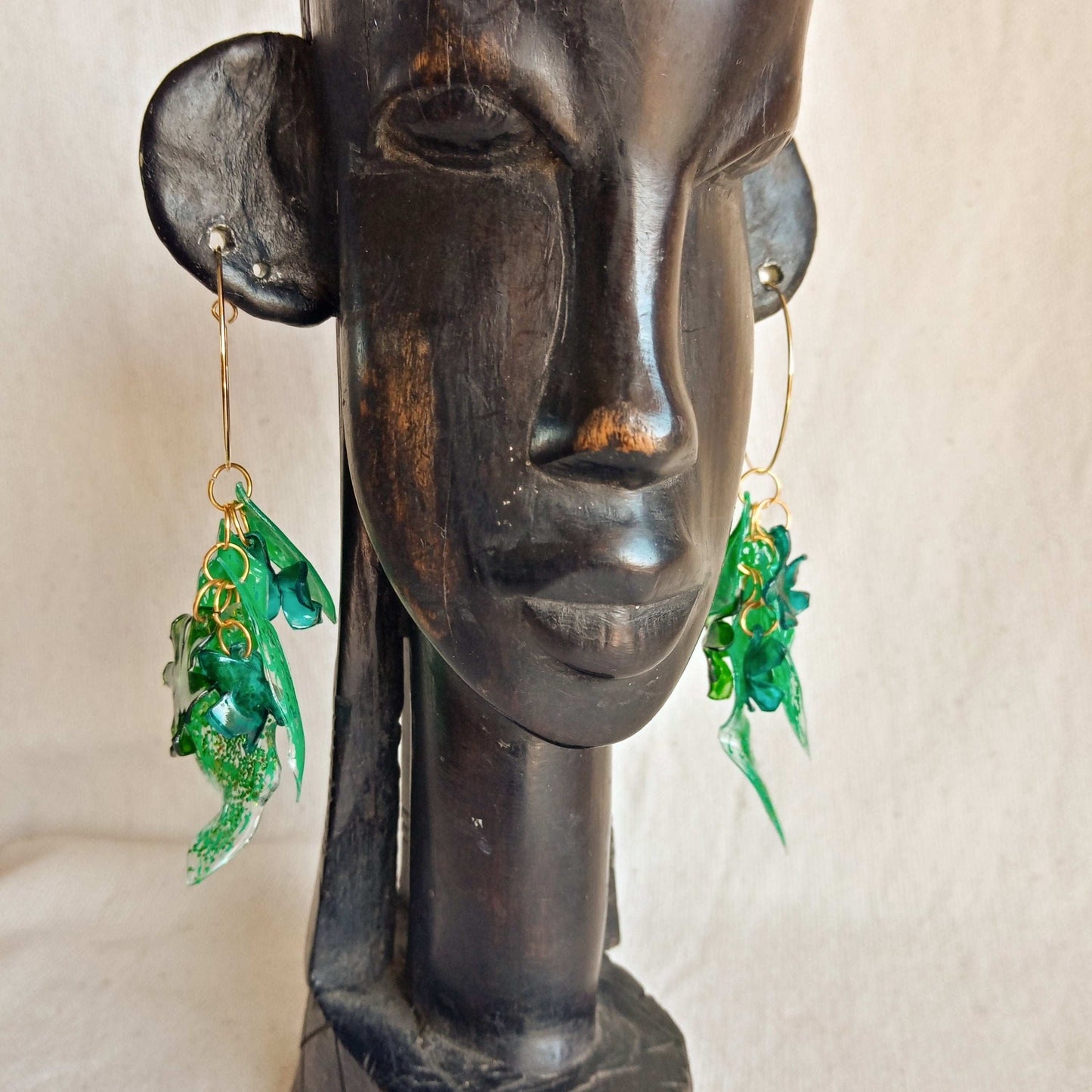 Créoles pendantes vertes et bleu turquoise, upcycling