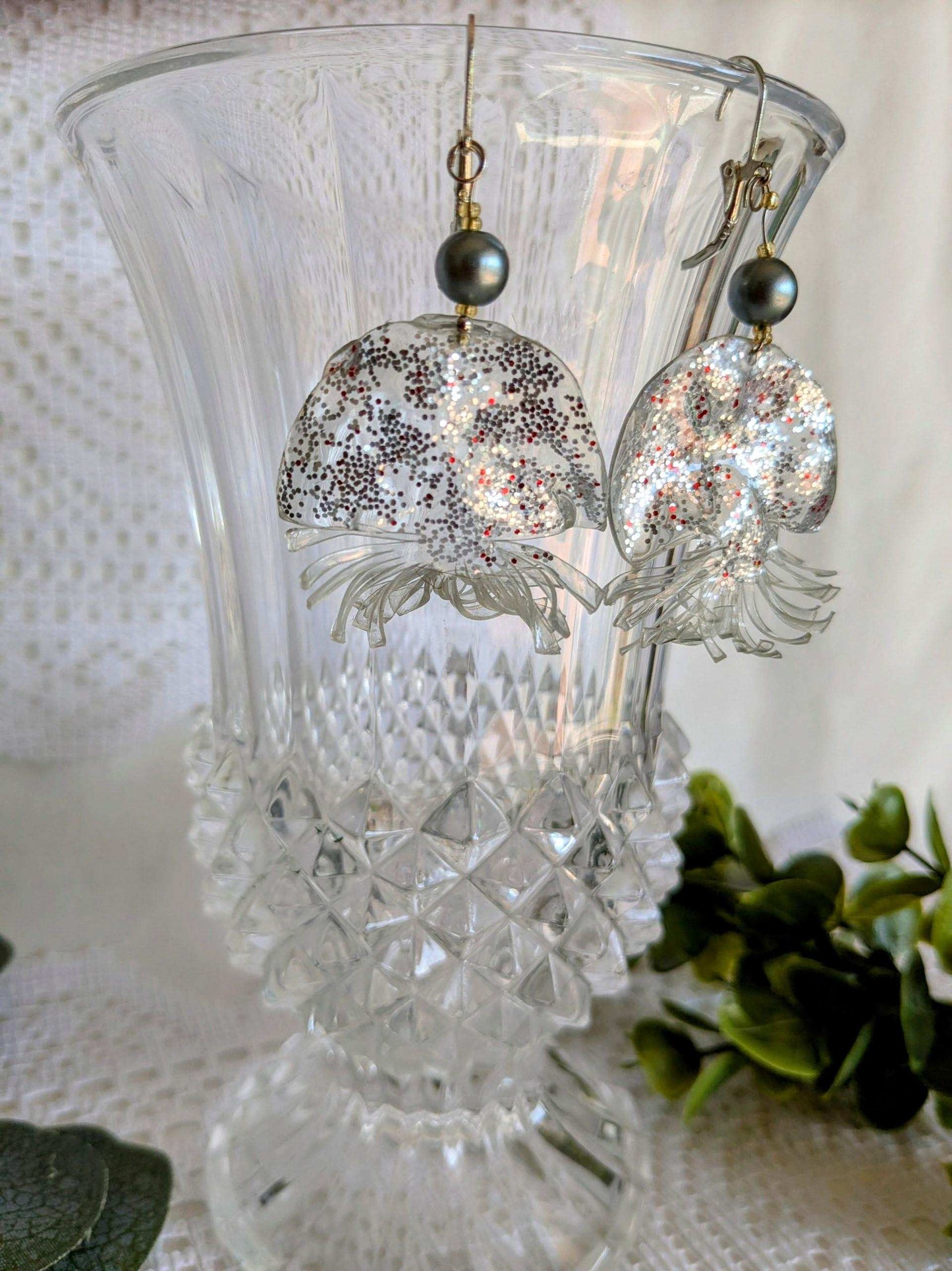 Boucles méduses bleues vert plastique dormeuse argent 925 upcycling