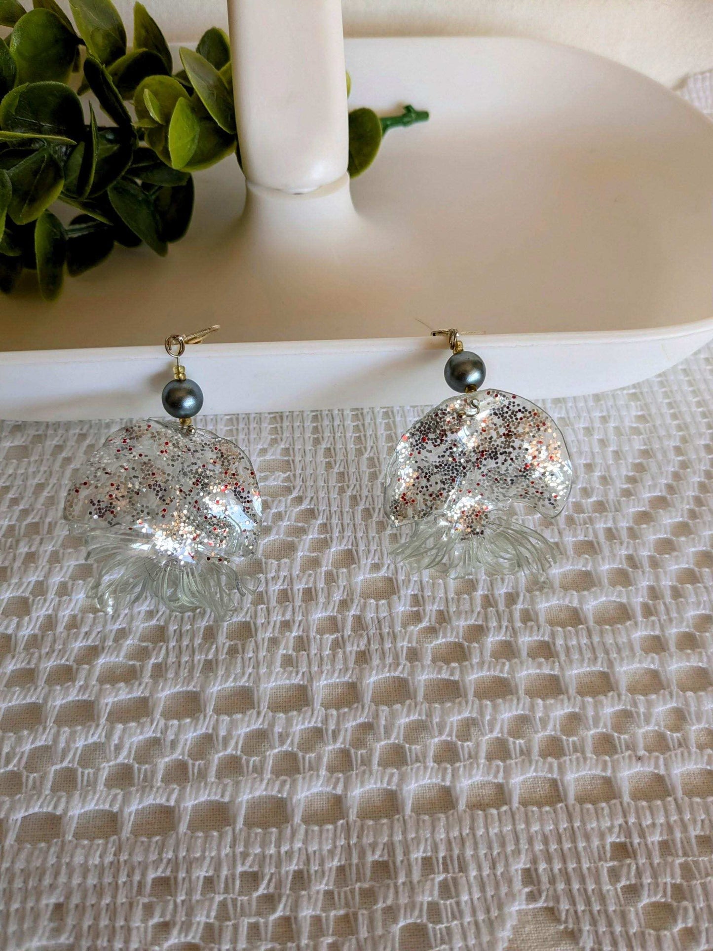 Boucles méduses bleues vert plastique dormeuse argent 925 upcycling