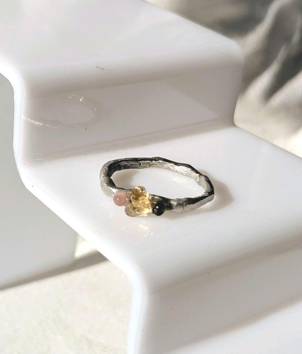 Bague contemporaine citrine tourmaline T62 étain massif