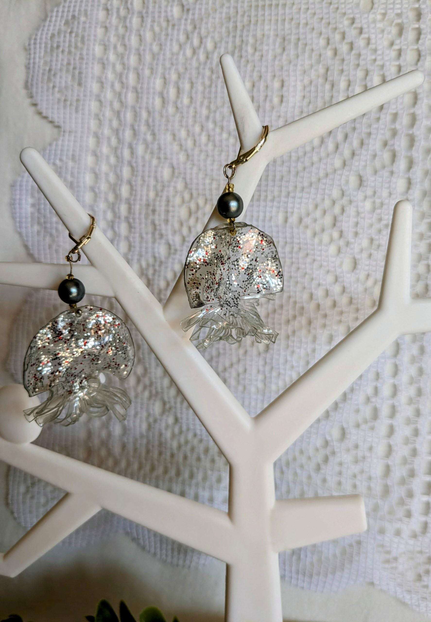 Boucles méduses bleues vert plastique  dormeuse argent 925 upcycling