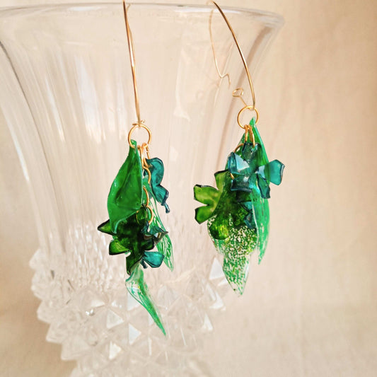 Créoles pendantes vertes et bleu turquoise, upcycling