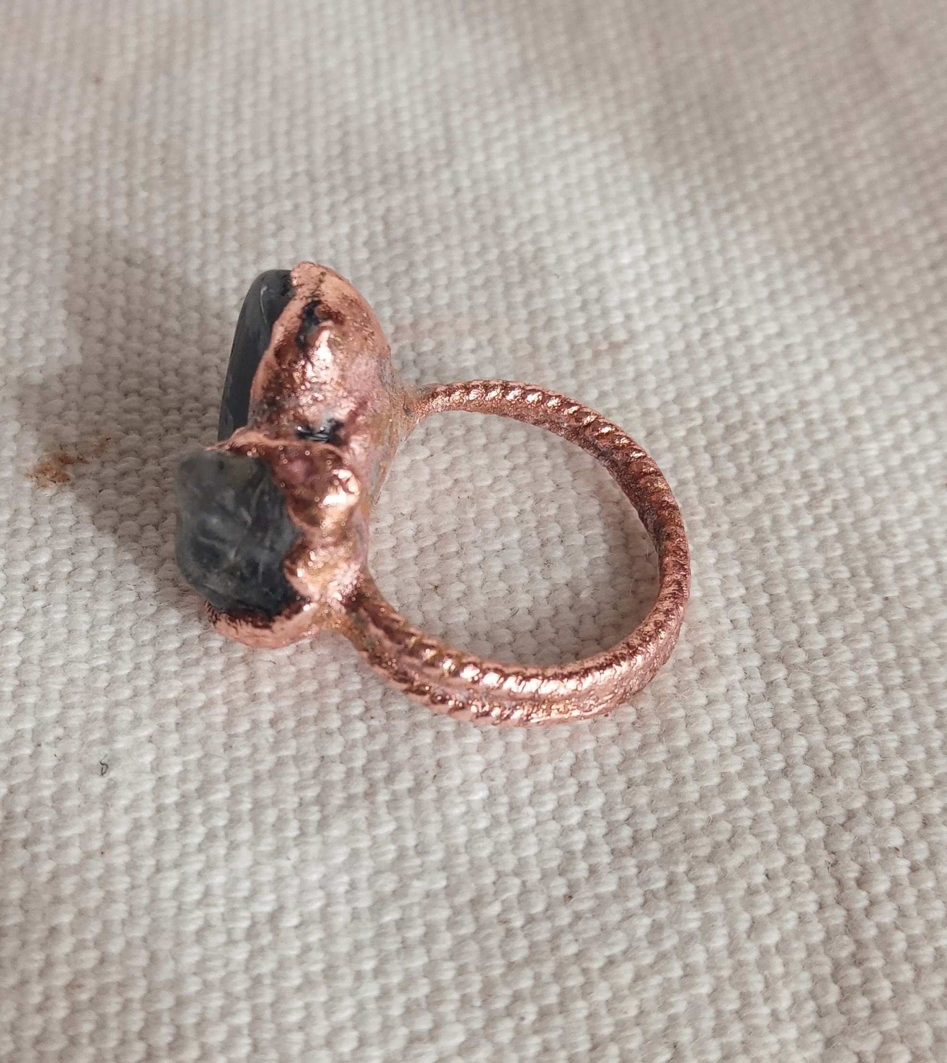 Bague  T 51 brutaliste obsidienne et quartz fumé