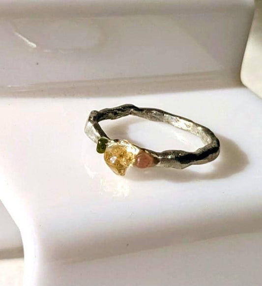 Bague contemporaine citrine tourmaline T62 étain massif
