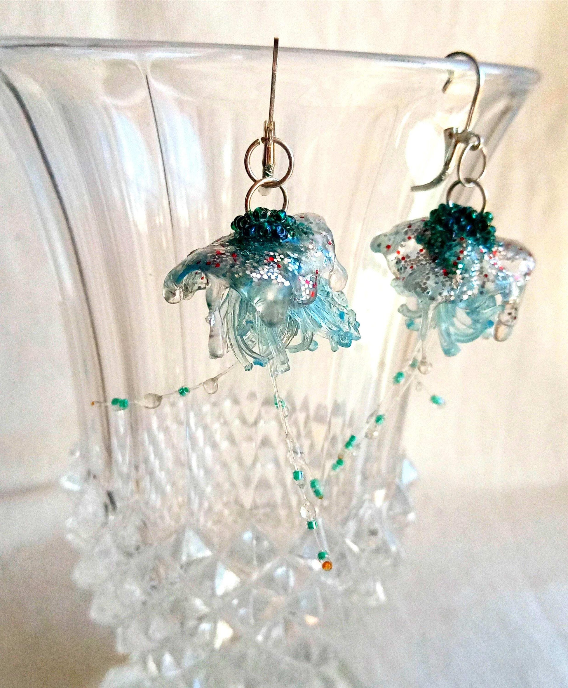 Boucles meduses argent 925   bleues  upcycling