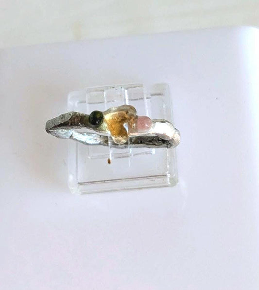 Bague contemporaine citrine tourmaline T62 étain massif