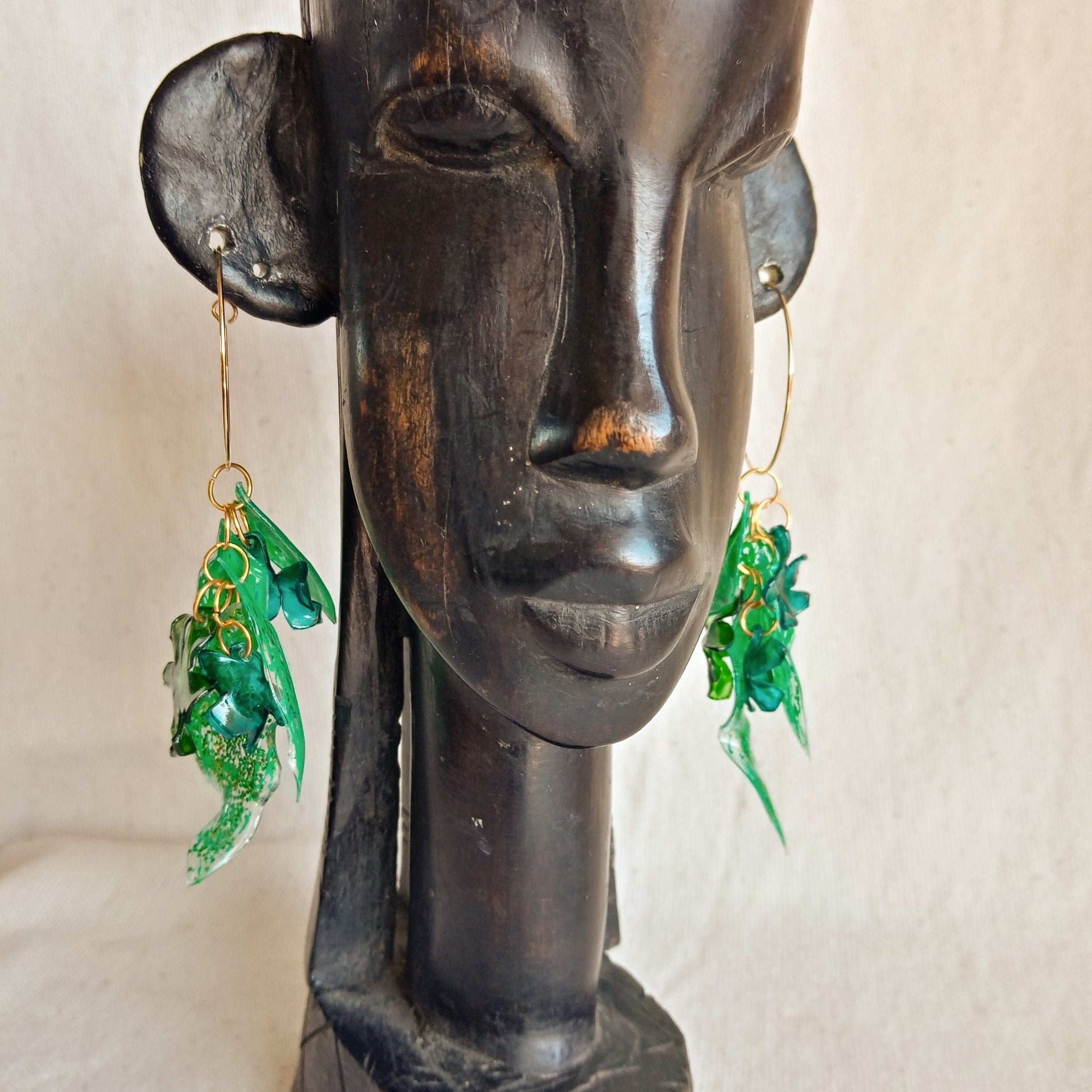 Créoles pendantes vertes et bleu turquoise, upcycling
