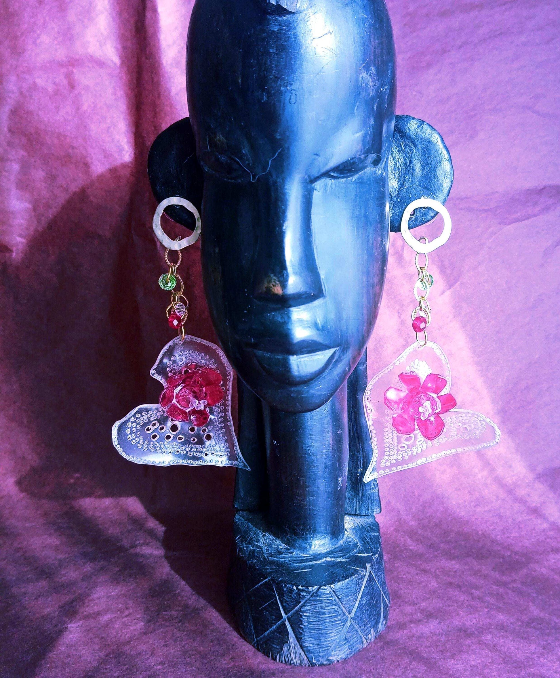 Clous d'oreilles coeur amour Saint Valentin, plastique upcycling