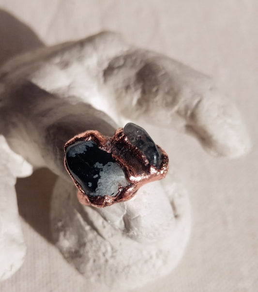 Bague  T 51 brutaliste obsidienne et quartz fumé