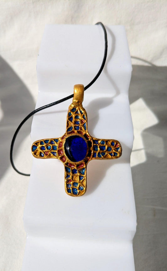 Pendentif ancienne croix byzantine or et bleu